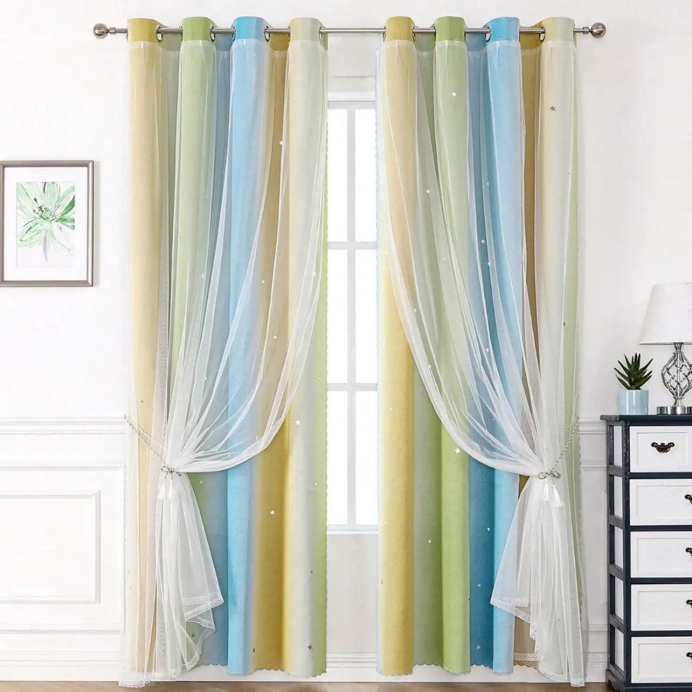 1 buc Perdele Dublu Strat Curcubeu Fade cu Culoare Morandi, Perdea Blocare Lumină cu Material și Voal