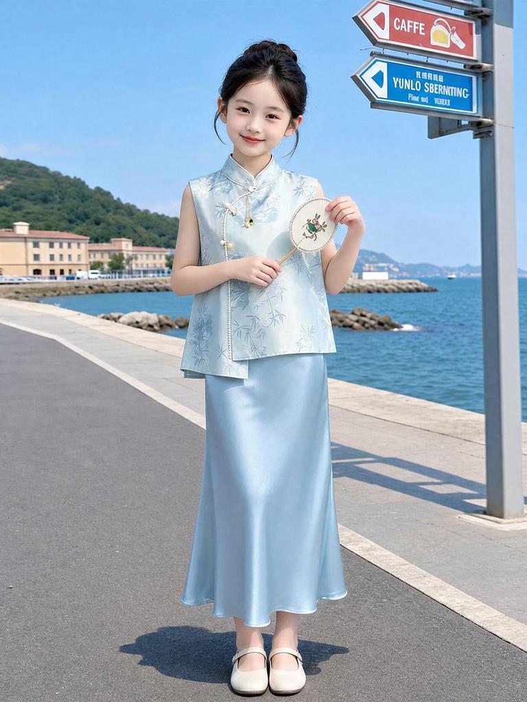Chinese-Style Girls' Summer Two-Piece Outfit for Medium & Large Children - Retro, Stylish & Comfortable.