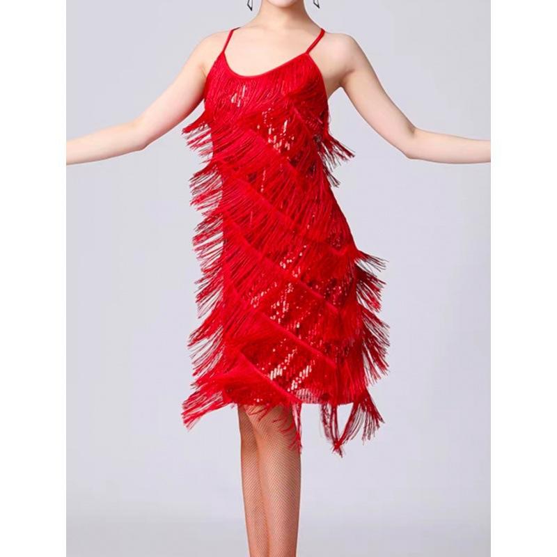 Träger Pailletten Quaste Rock Kragen Kleid Lateinischer Tanzkleid Tanzkostüm Bühnenkostüm