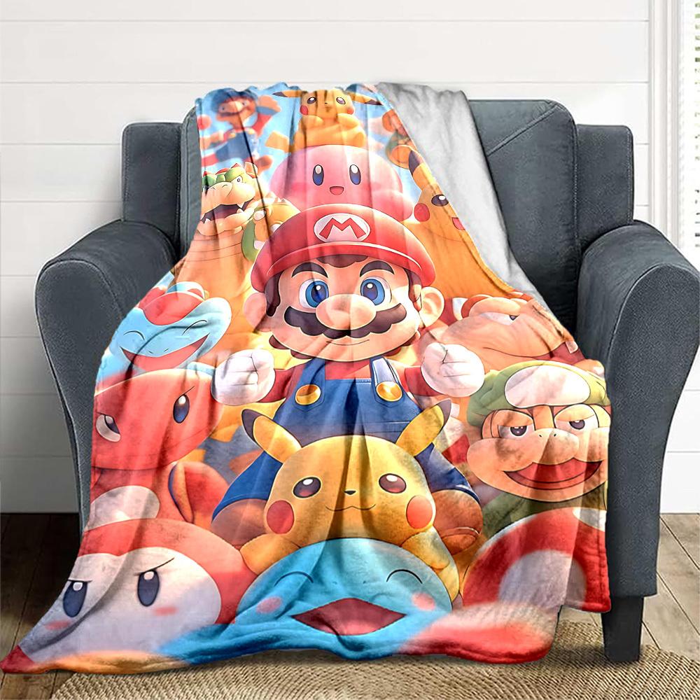 1pc Mario Pikachu Cozy Print Blanket Lightweight Warm Flannel Throw Blanket For Sofa, Bed, Living Room