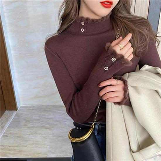 Women's Fleece-Lined Sweater: Thick, Fashionable, Warm Base Layer with Half-High Collar for Autumn/Winter.