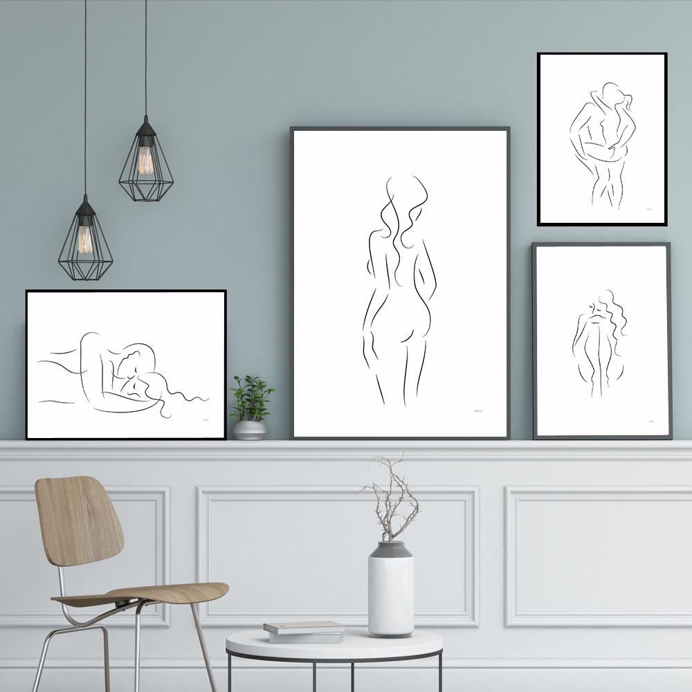 Print couple wall art canvas painting line drawing couple hand love kiss posters and prints Scandinavian paintings decor living room