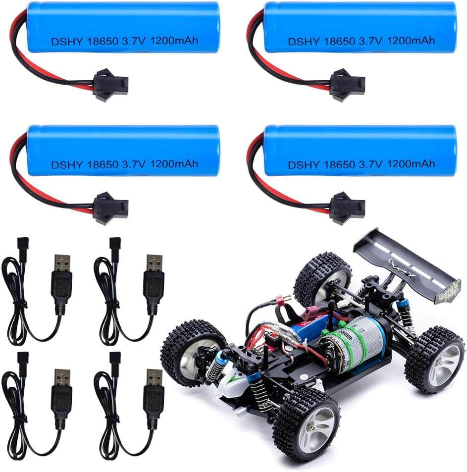 4 Piezas Batería Recargable Li-ion 3.7V 1200mAh con Conector SM-2P + Cable USB – Compatible con Coche RC DE45 DE42 1:14