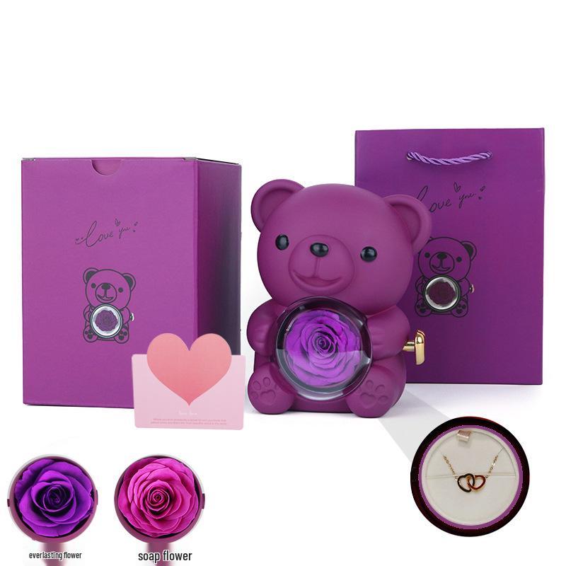 Set Regalo Fiore di Rosa Eterno & Collana con Scatola Portagioie Rotante in Acrilico e Orsacchiotto