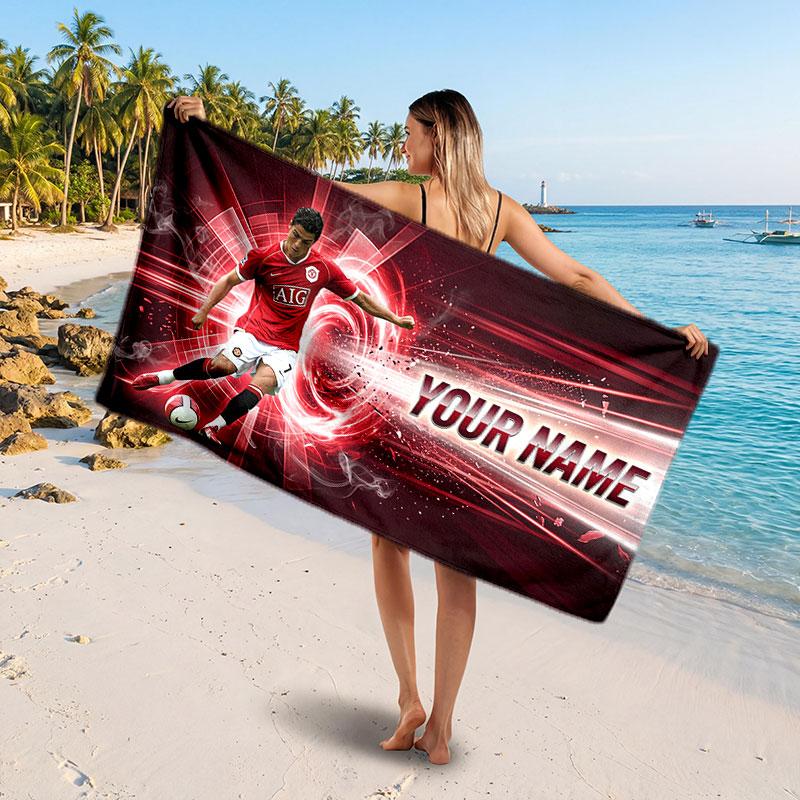 Cristiano Ronaldo Custom Beach Towel, Personalized Name Text Print, Football Logo Soft Quick‑Dry Towel Holiday Gift