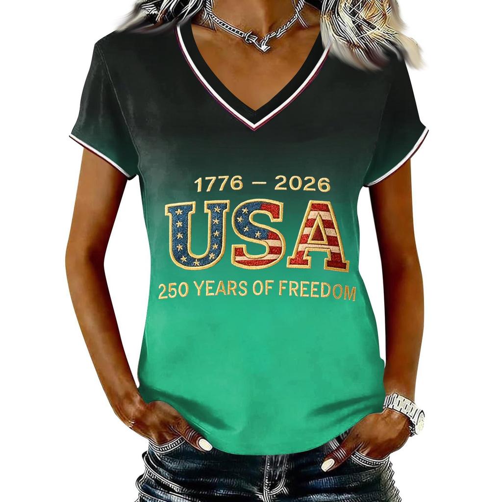 Women Casual V Neck Short Sleeve Pullover T Shirt Gradient Print USA Independence Day Graphic Top