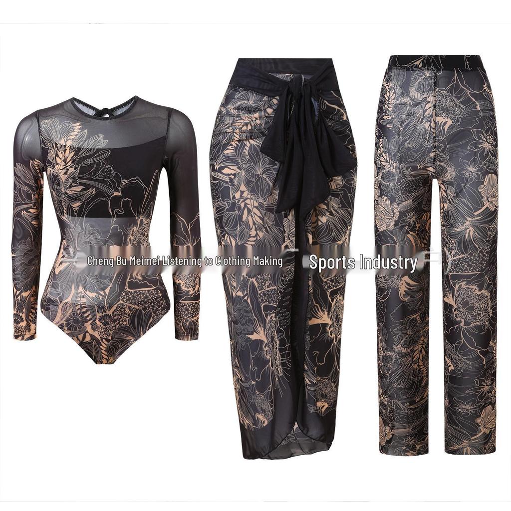 Women's Three-Piece Sun Protection Swimsuit Set with Mesh Pants