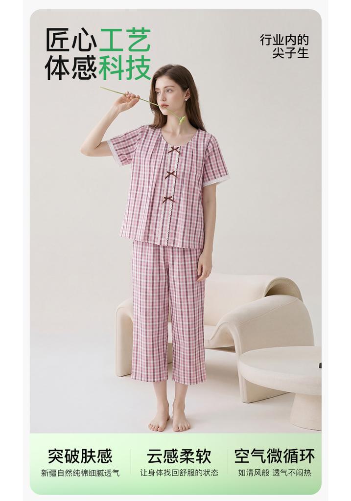 Fenteng [100% cotton] comfortable round neck countryside style patterned lace short sleeved home suit set for women's sleepwear