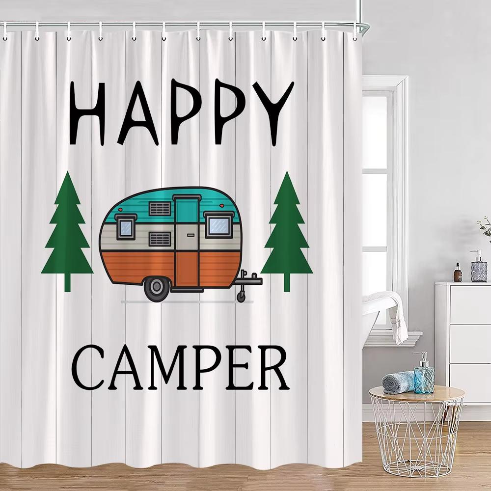 Zasłona prysznicowa do kampera Happy Camper Przyczepa Samochód Kamper Rv Las Góry Namiot Camping Łazienka Zasłona prysznicowa Wodoodporna Zasłona do wanny