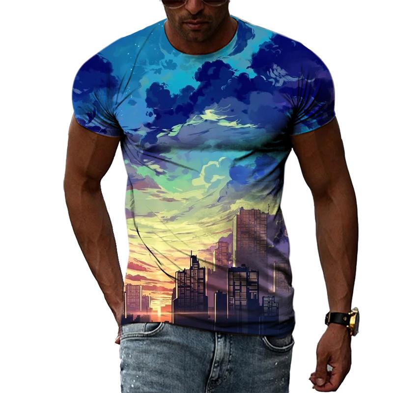 Summer Landscape Pattern T-shirts Casual Personality Hip-hop Trend Round Neck Tees Fashion Men's Street Cool Short-sleeve Top