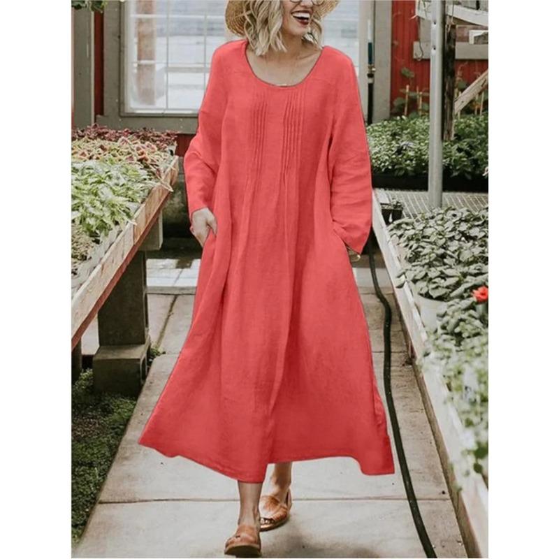 Moda para Mujer Primavera Otoño Primavera Otoño Manga Larga Cuello Redondo Cintura Suelta Vestidos Casuales