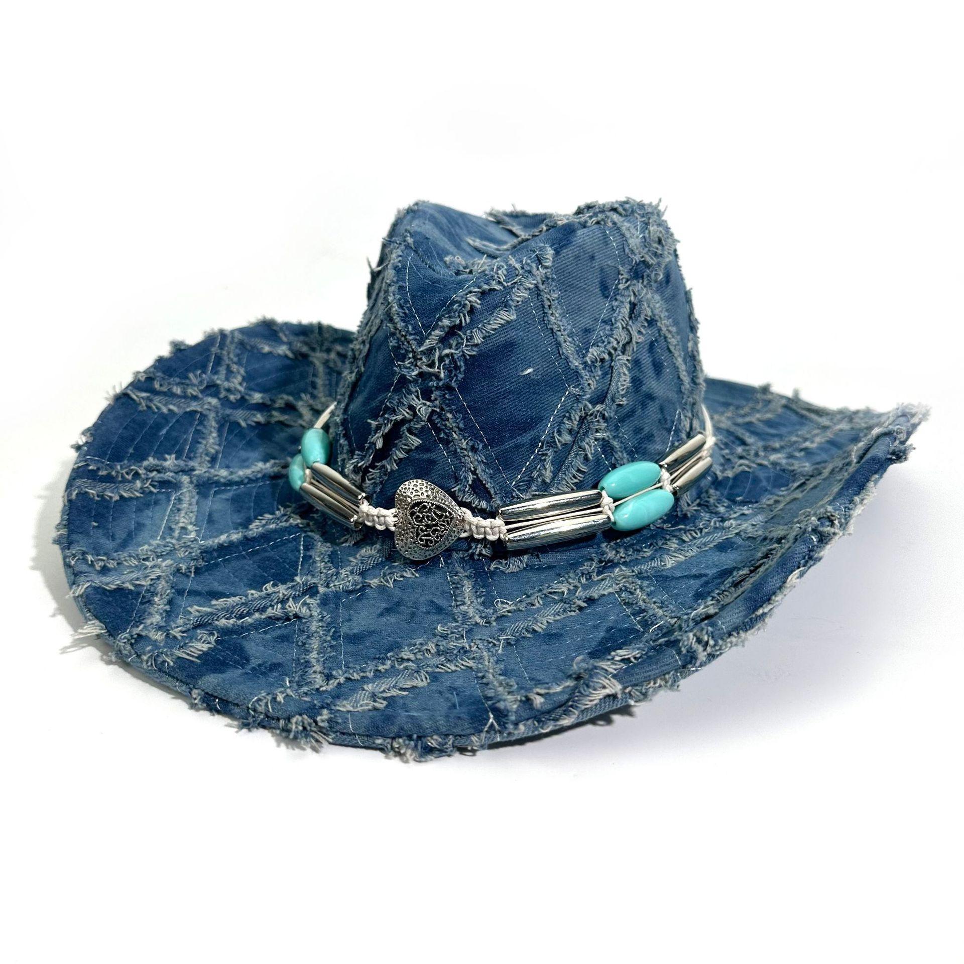 

New Denim Warped Edge Western Cowboy Hat Men S And Women S Outdoor Travel Hat Big Brim Ethnic Wind Hole Top Hat M（56-58cm） джинсовий синього кольору
