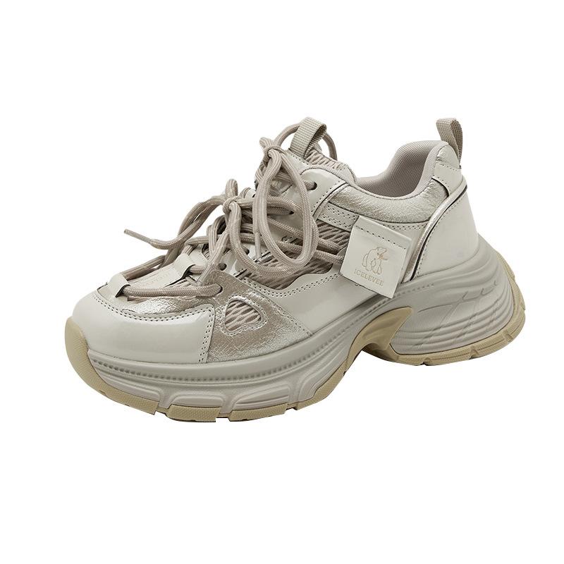 Leather dad shoes women's thick-soled heightened mesh breathable sneakers casual lace-up student shoes women