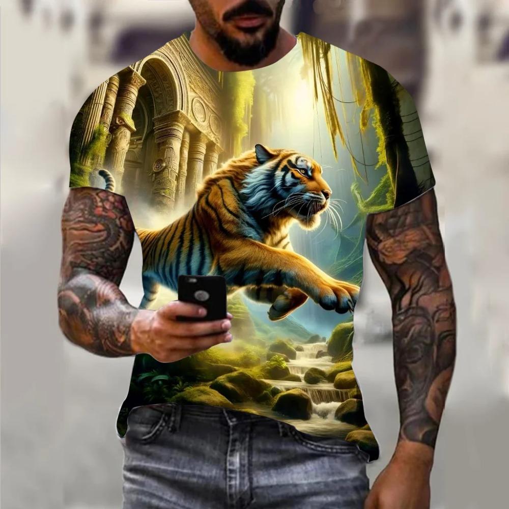 2025 Harajuku Men's Hip-Hop Trend Street Style Loose Crew Neck Short Sleeve Top Fun 3D Animal Eagle and Lion Print T-Shirt