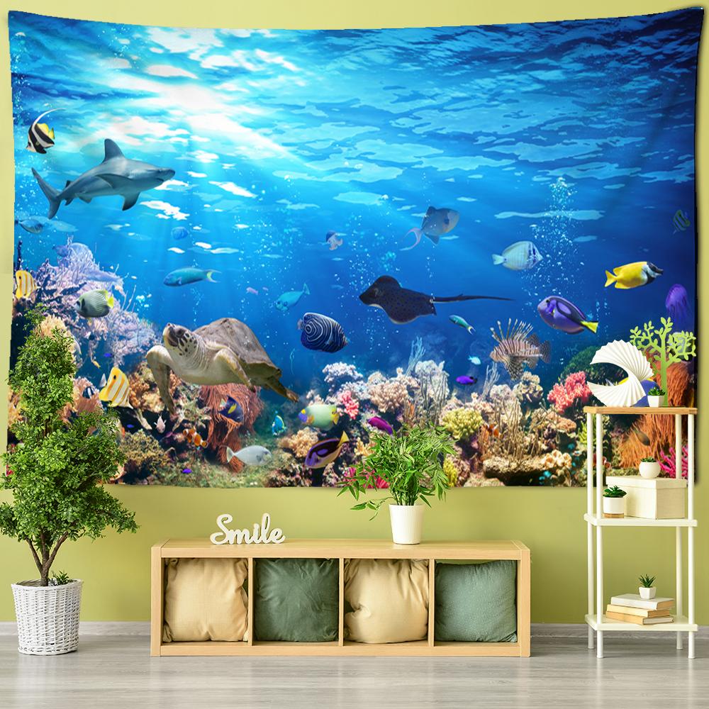 Tapiserie cu imprimare digitală 3D Psihedelic Lumea subacvatică Tapiserie cu pește frumos agățat pe perete Animal marin Coral Home Decor