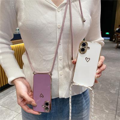 Crossbody Lanyard Cord Plating Love Heart Soft Case For For Iphone 16 15 14 Pro Max 13 12 11 XS XR 7 Plus Lens Protector Cover