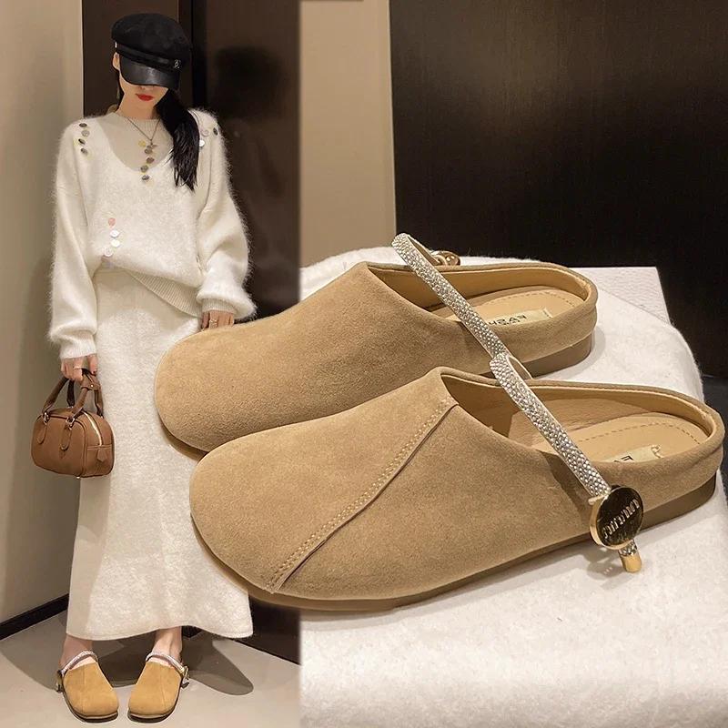 2025 New Women's Mules Flat Sole Solid Rhinestones Cover Toe Slippers Women Dress Metal Decoration Concise Zapatillas De Mujer
