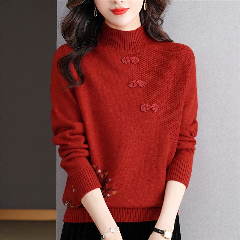 

Loose and Thick Pullover for Women In Autumn and Winter Warm Knitted Semi-high-neck Knitted Sweater M красный