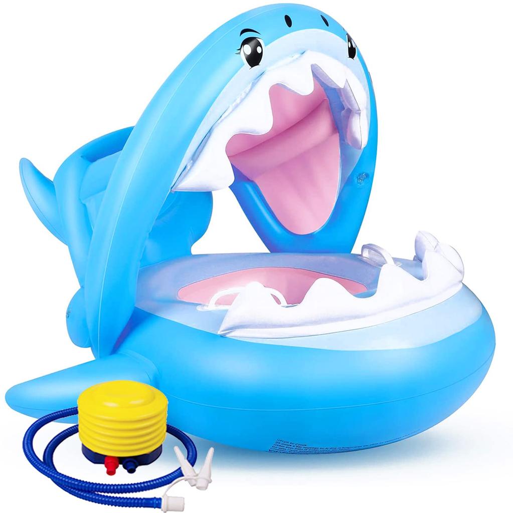 Mercs-X Children's Float, Shark-Shaped Swim Ring with Foot Holes, Sun Protection, Removable Cover, Handle, Includes Air Pump and Foot Pump, Blue,