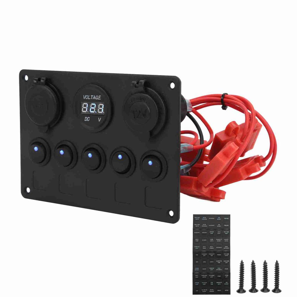 Panel de interruptores basculantes redondos de 12 y 24 V con 5 posiciones, doble puerto USB, cargador de coche, protección contra sobrecalentamiento y uso en barcos.