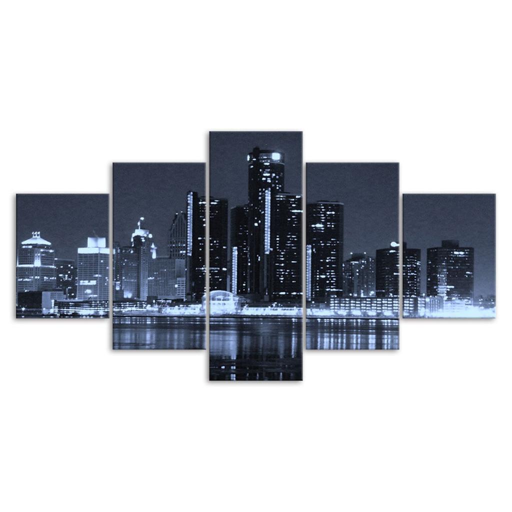 Detroit Michigan Cityscape Skyline Dark Night 5 Piece Five Panel Wall Canvas Print Modern Art Poster Picture Home Decor Gift For Him Her