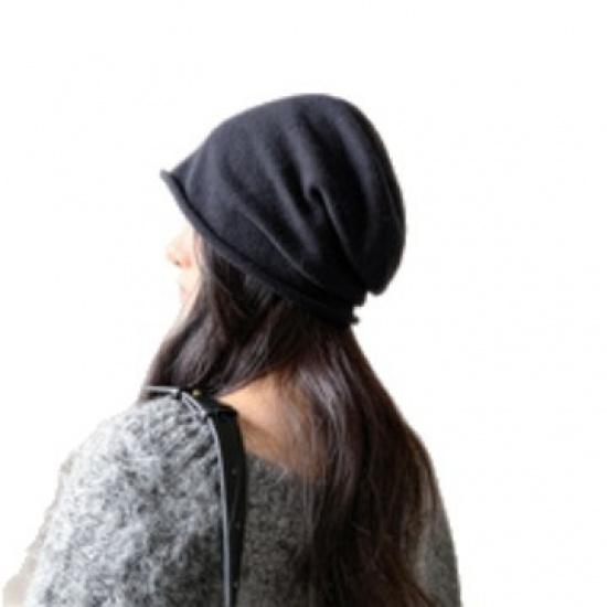 Korean-style large head circumference drawstring knitted beanie for women, with rolled edges, pullover cold hat, face-slimming head wrap, postpartum
