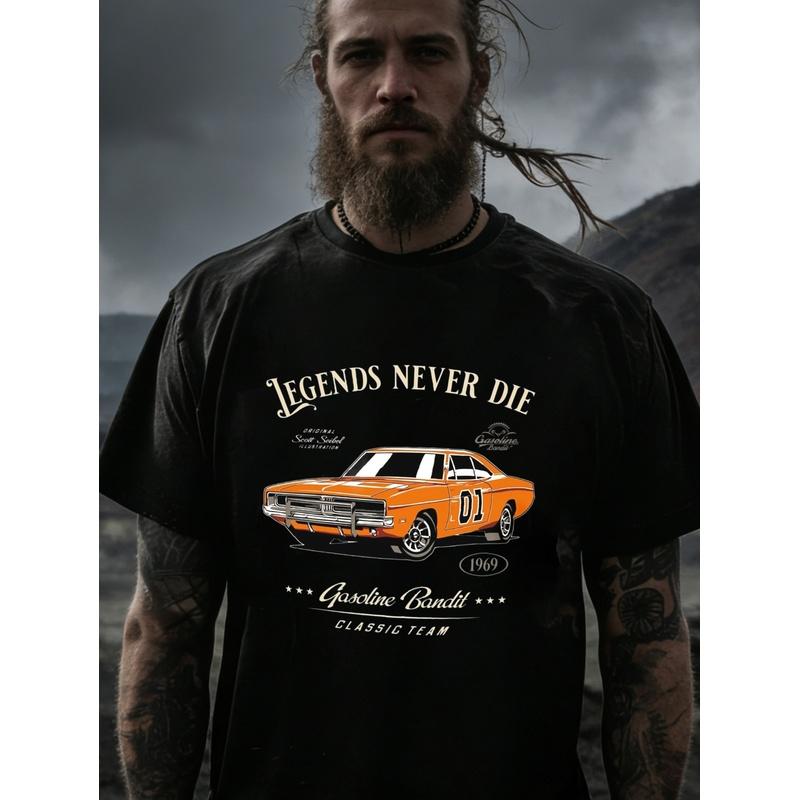 Black T Shirt with Orange Classic Car And Legends Never Die Print for Men Casual Streetwear Fashion, Plus Size