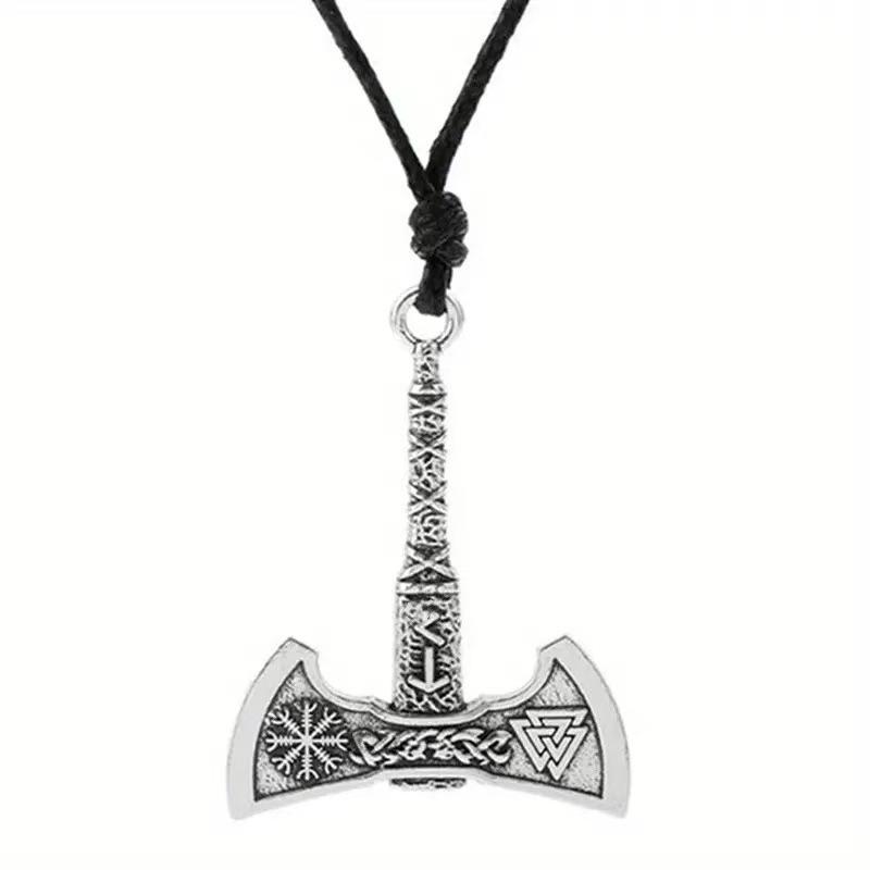 Colar com Pingente de Machado de Batalha Runa Viking Martelo de ThorRetrô Colar Longo Corrente de Suéter