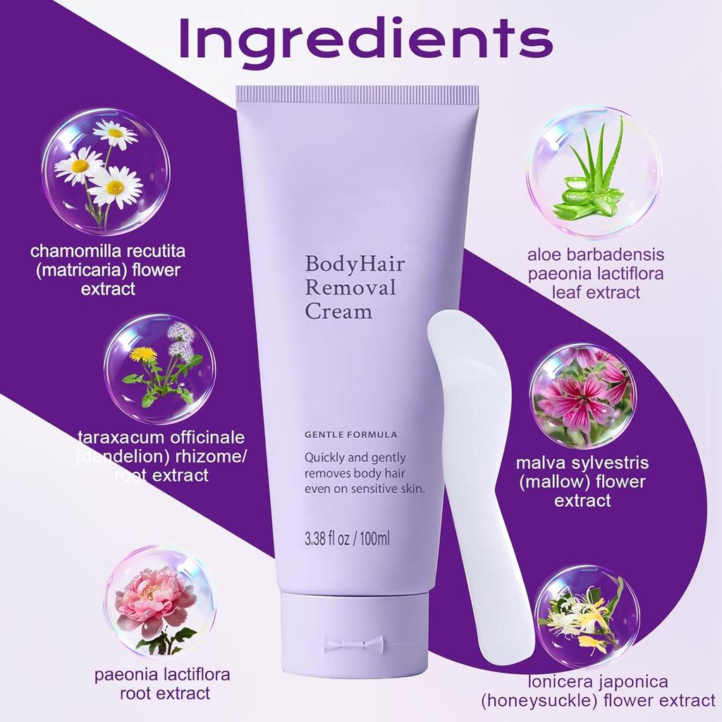 Body Hair Removal Cream for Sensitive Skin, Painless Depilatory Cream with Spatula Applicator, Durable and Smooth for Men and Women, Gentle Formula