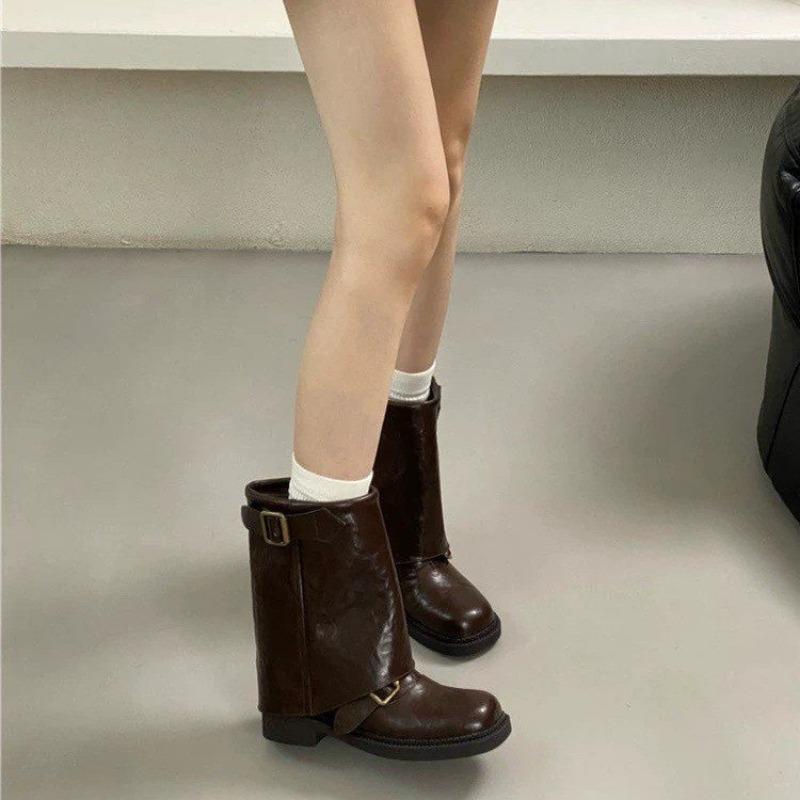 Retro Dicke Ferse Martin Stiefel Damen Herbst Neu Kurz Gürtelschnalle Nische High-End Mode Hosenstiefel