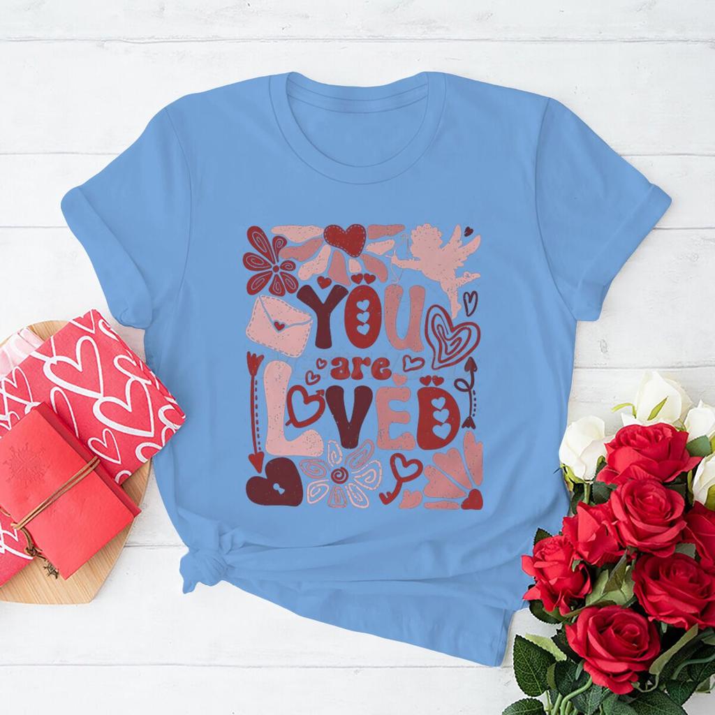 You Are Loved Graphic T Shirts Women Boho Valentine Floral Design Womens Clothing Valentines Day Heart Coquette Retro Tee Top