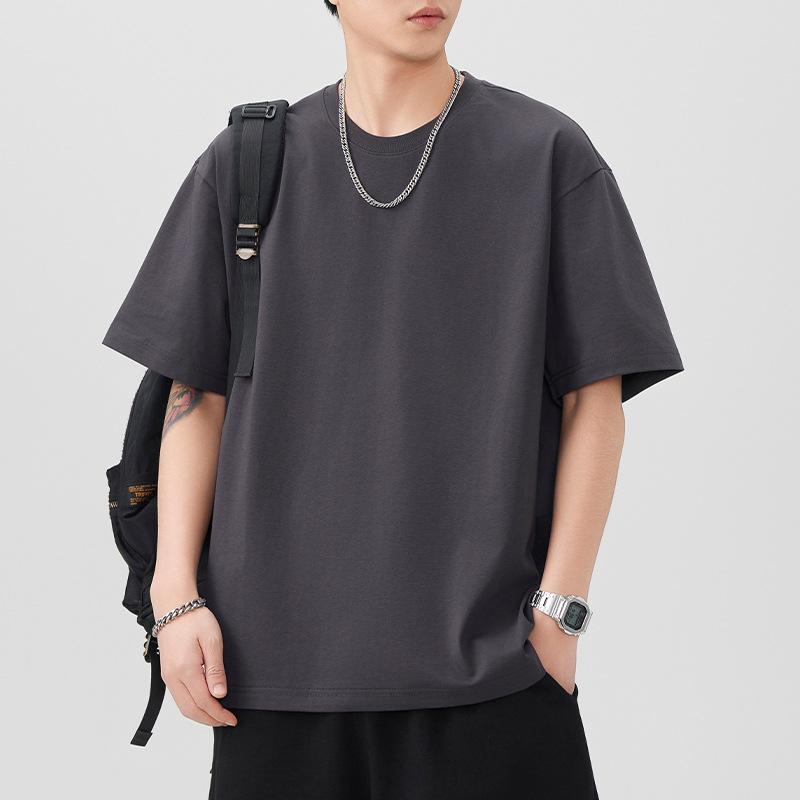 One Tone T-shirt Mens Short Relaxed Fit Versatile Round Neck Five-point Sleeves