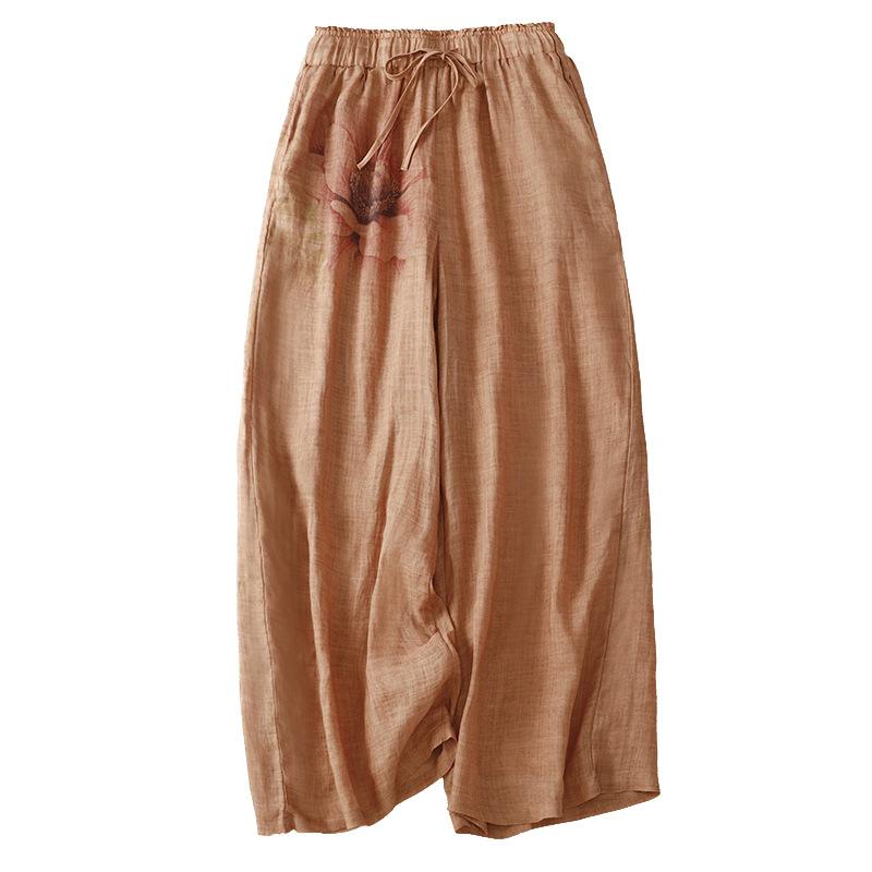 2025 summer new casual retro cotton and linen elastic waist lace-up wide-leg pants double-layer printed loose trousers children