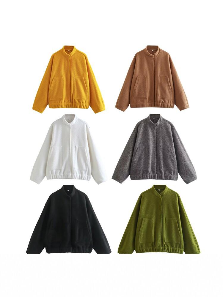 Women's European & American Stand Collar Solid Color Long Sleeve Jacket - Versatile Short Woolen Coat for Spring & Autumn.