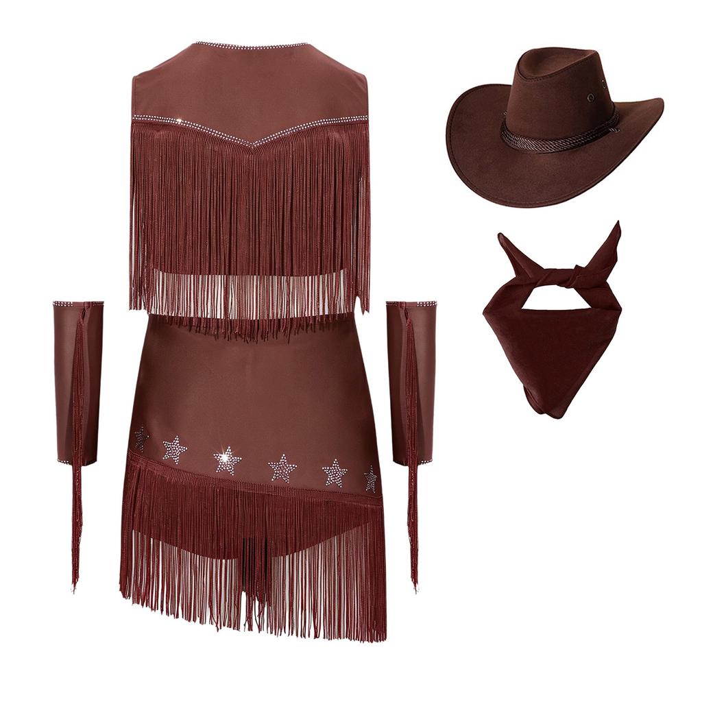Costume da Cowgirl per Bambine Senza Maniche con Paillettes Strass Frange, Gonna Elastica, Guanti, Cappello, Fazzoletto, Danza Latina, Esibizione sul Palco, Competizione