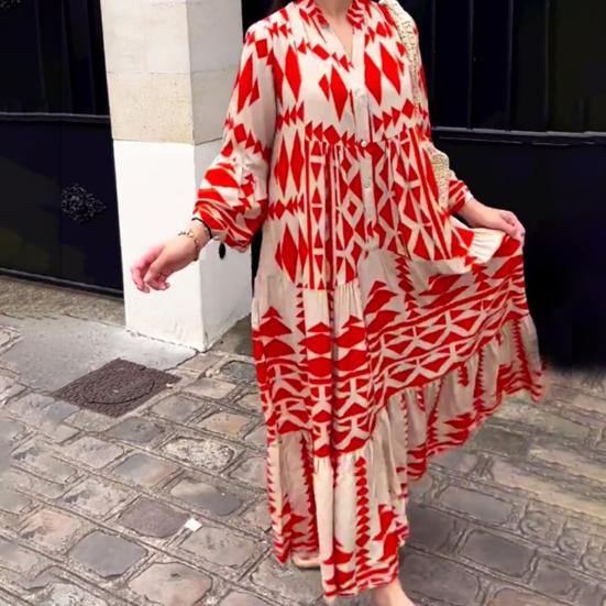 V-Ausschnitt Langarm Knöpfe Halbe Knopfleiste Plissee-Nähte Großer Saum Strandkleid Geometrisch