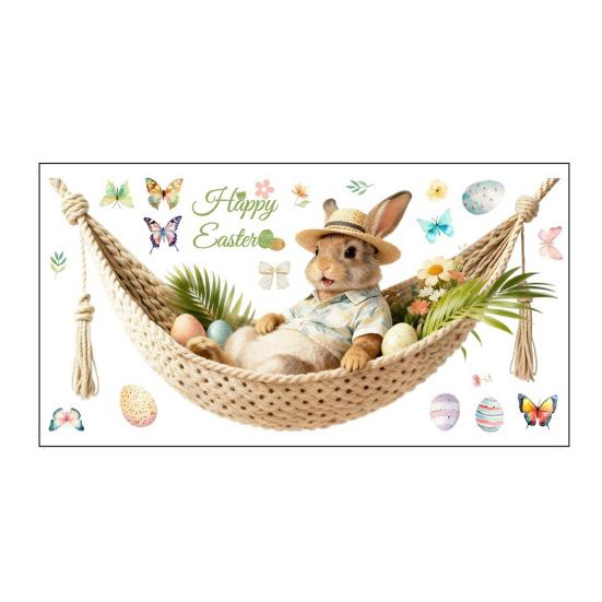 Paasraamsticker Grappige Konijn op Een Hangmatstoel Sticker Herbruikbaar PVC Statische Raamsticker voor Huis Kantoor School Lente Glazen Deur Raam Decoratie