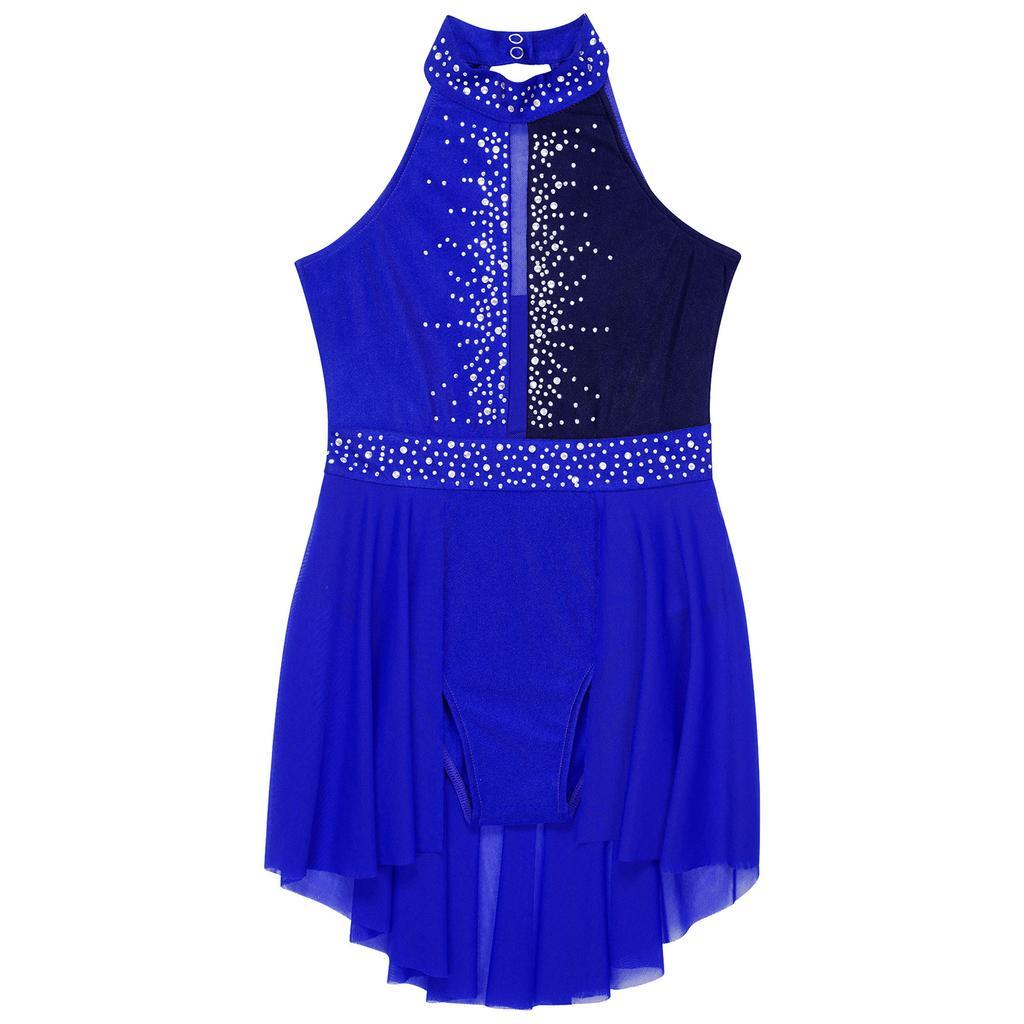 Kids Girls Sleeveless Shiny Rhinestone Decor Backless Leotard Dress for Lyrical Contemporary Dance