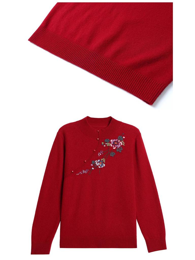 Elegant 100% Wool Embroidered Sweater - Women's Autumn/Winter Half-High Neck Top