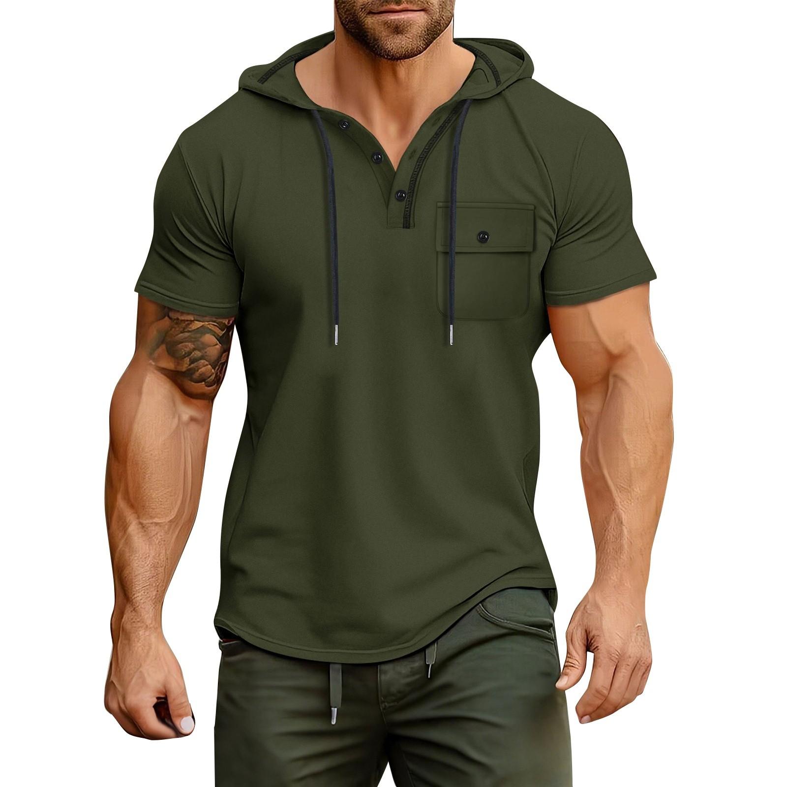 Мужская летняя толстовка с капюшоном с карманом на пуговицах и коротким рукавом мужская спортивная повседневная толстовка большого размера L армия зеленый 1347₽