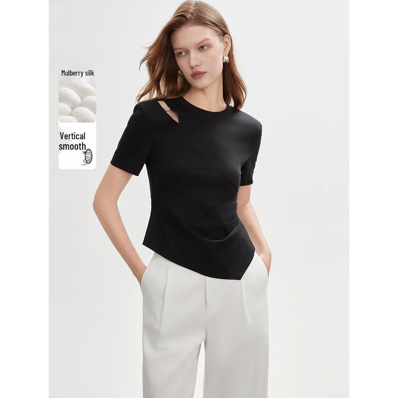 

ELLE Women s Black Mulberry Silk Blend Irregular Pleated Short Sleeve T-shirt S