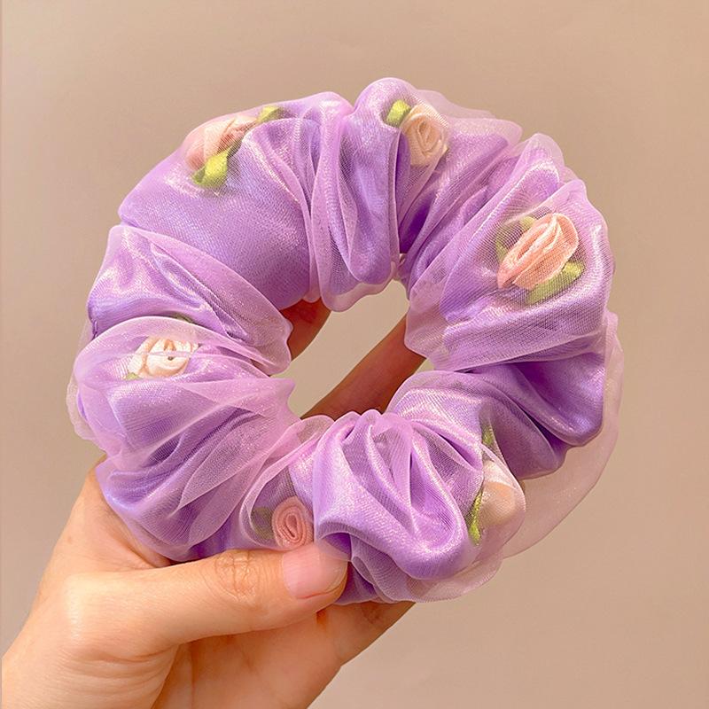 Rose Large Fat Intestine Hair Band Double-Layer Organza Head Flower Hair Band High Value Ponytail Hair Accessories