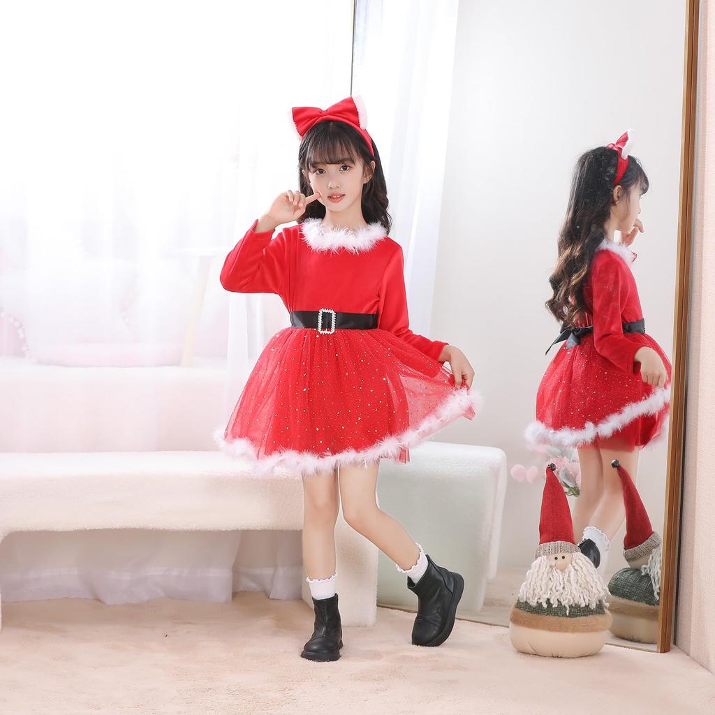 Christmas Santa Dress with Fur Santa Claus Costume 140 [SAVE-Z] Children's Headband, Girls' (Size (Height 120-130cm))