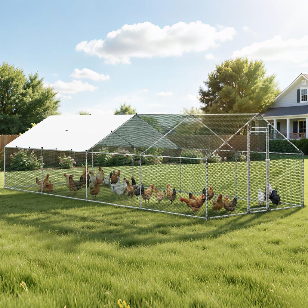 Metal Chicken Coop, 9.8x26.2x6.5 Ft Large Walk-in Chicken Runs with Cover, Spire Roof Hen House Enclosure with Security Lock, Outdoor Duck Rabbit Cage