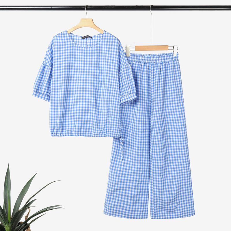 ZANZEA Women 3/4 Sleeve Blouse and Pants Casual Plaid Print Two Piece Suit Sets