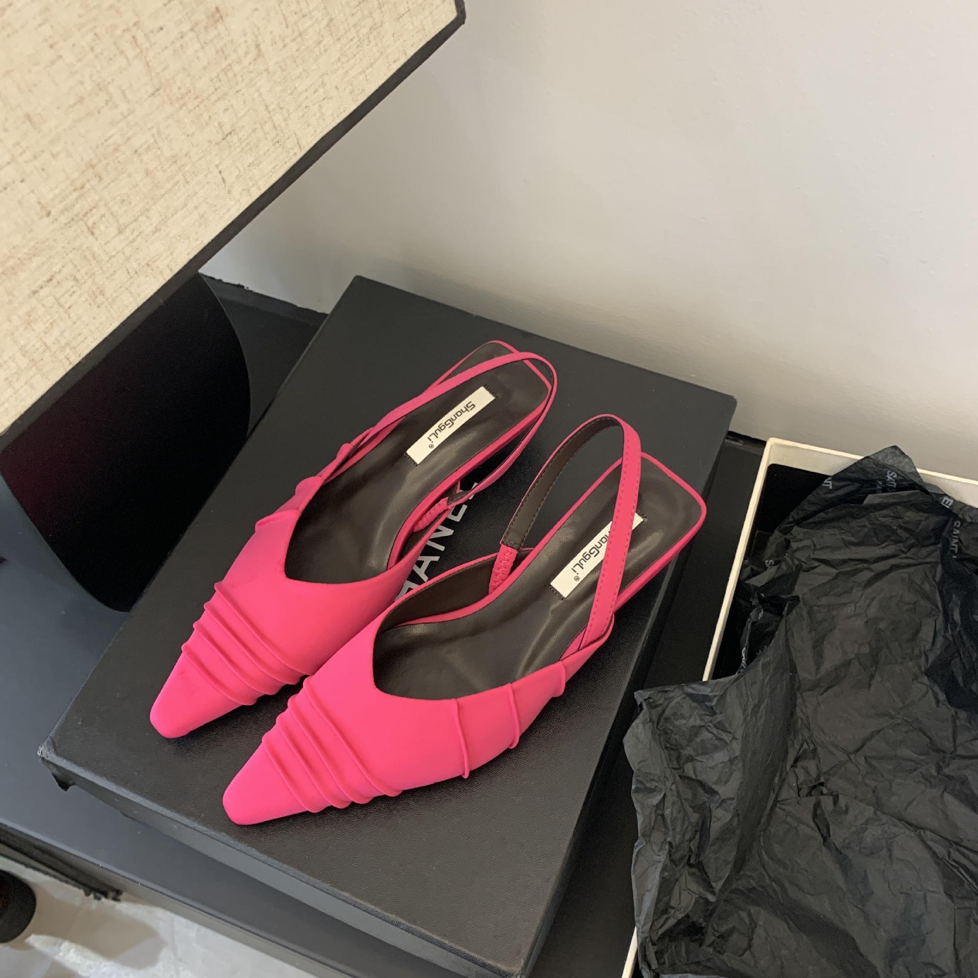 

Летняя мода толстый каблук сандалии женственность ветер складки острый тонкий каблук одинарные туфли женские 39 ярко-розовый