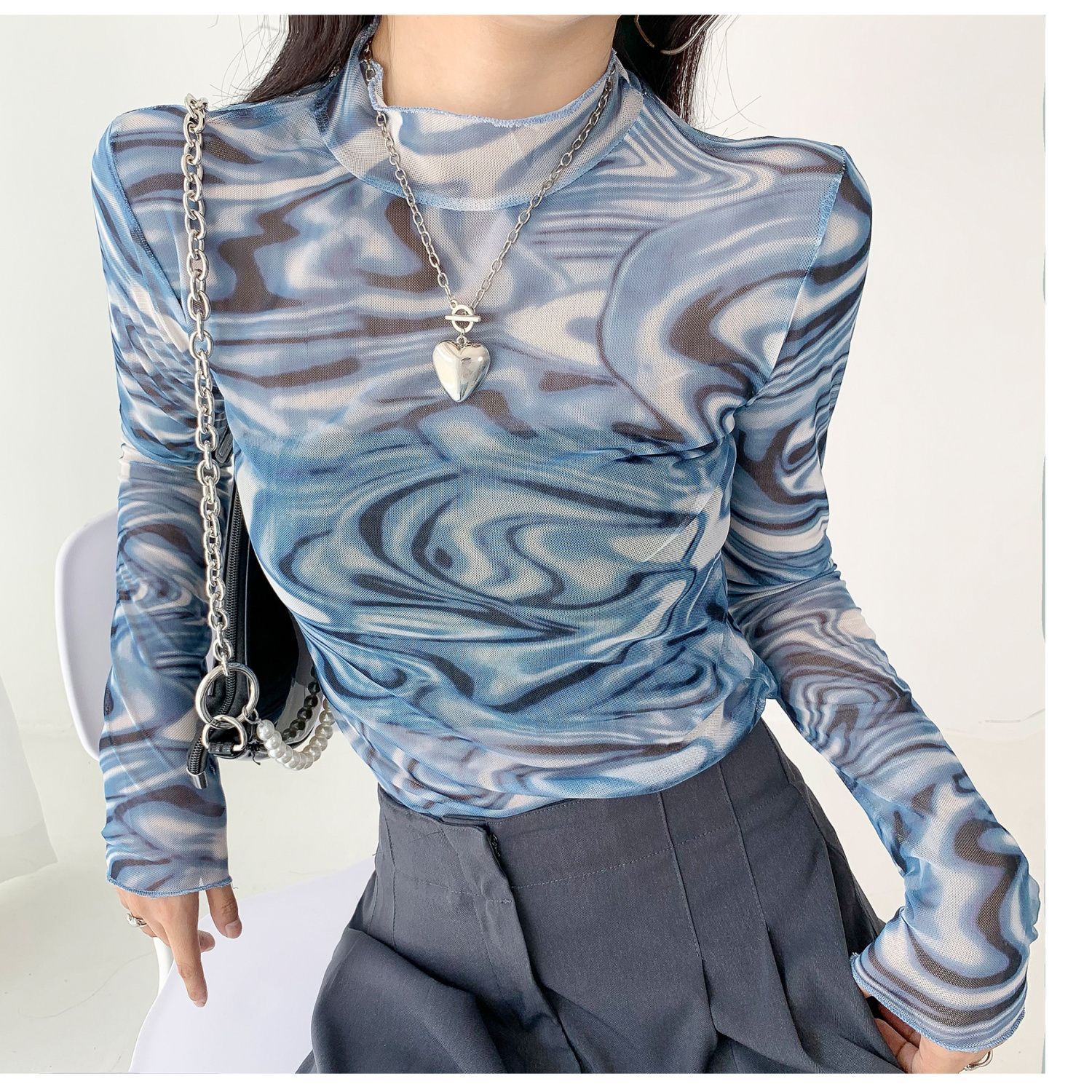 

Новая весенняя рубашка для похудения с длинным рукавом и резьбой, простая повседневная базовая рубашка 2024 года, однотонная плотная рубашка с круглым вырезом и высоким воротником S синий