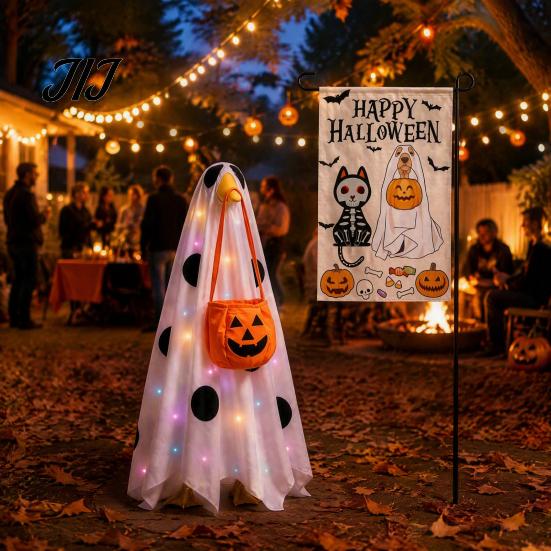Indoor Party Decoration Halloween Lighted Ghost Porch Goose Outfit And Flag Set for 23 Inch Statue, Pumpkin Candy Bag Accessory Spooky Clothes