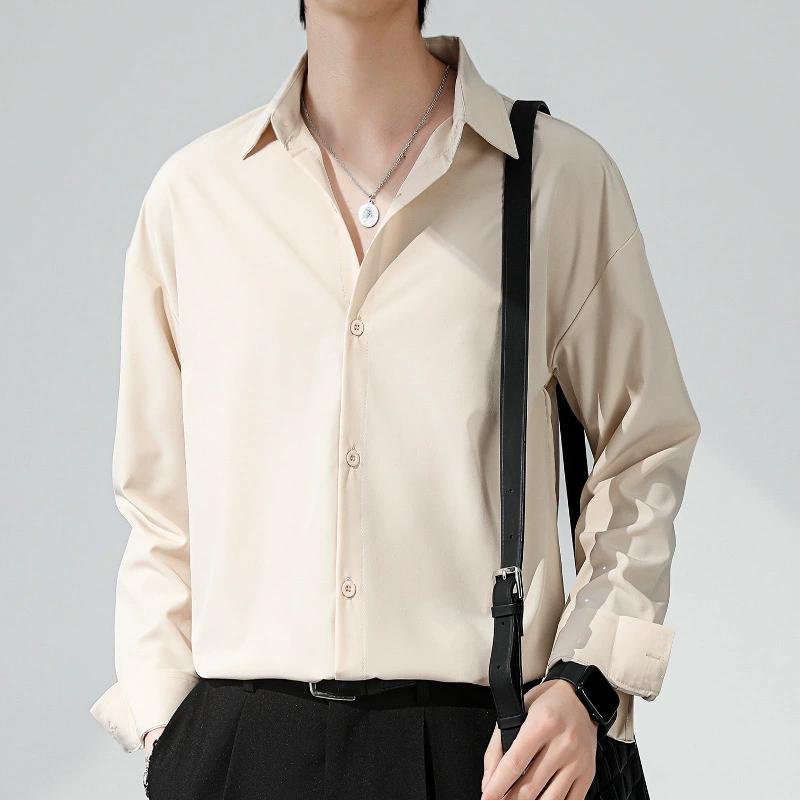 Men's Summer Solid Color Simple Ice Silk Long Sleeve Shirt Loose Draped Handsome Casual Tops