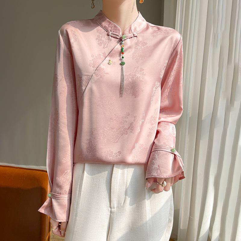 Silk Satin 2026 Spring/Summer Women's Floral Stand Collar Long Sleeve Top